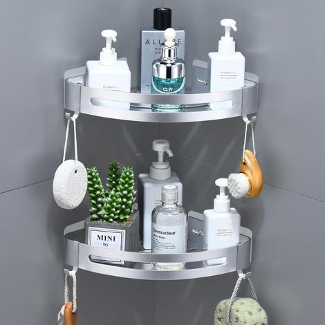 Etagere Douche sans Percage, 2 Pièces, Étagère Angle Salle de Bain en Alliage de Aluminium Antirouille, Porte Douche avec 4 Crochets per Shampoing, Installation Adhésive (Argent Brillant) (1/5)