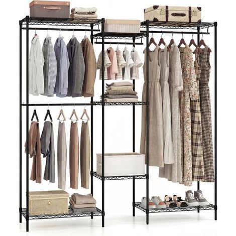 Portant à vêtements noir en métal avec 7 étagères réglables et 4 barres amovibles, pour chambre, dressing et buanderie (1/5)
