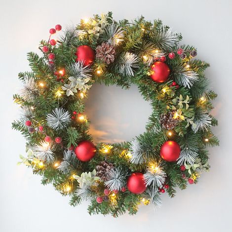 40cm Couronne de Noël avec LED pour Porte d'entrée avec lumières, couronnes artificielles pour fenêtre, cheminée, Décoration Murale, récolte, intérieur ou extérieur (Rouge) (1/4)