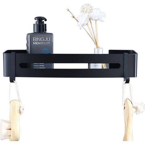 Etagere Salle de Bain, Étagères Douche Noir Sans Percage Avec 2 Crochets, Tablette Murale Salle de Bain en Aluminium Aéronautique, Panier de Douche Adhésive, Durable,Antirouille (1/5)