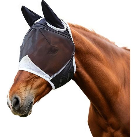 Schwarze Fliegenmaske für Pferde, UV-Schutz, bequeme und atmungsaktive Fliegenmaske, Fliegenmaske für Pferde (L) (1/5)