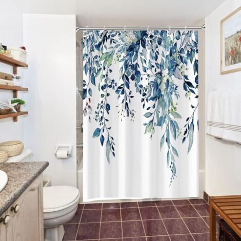 Rideau Douche Eucalyptus, Rideau de Douche Feuilles Bleu Fleuri Blanc Petit Rideau de Baignoire Anti Moisissure Imperméable Tissu Polyester Lavable Rideau de Bain150Lx180Hcm