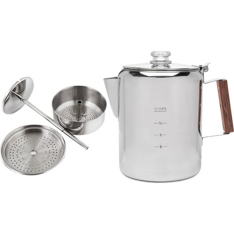 Caffettiera da tavolo in acciaio inox con beccuccio a V e manico in legno, compatibile con molti piani cottura, ideale per campeggio e picnic. Colore argento. Capacità: 12 tazze (da 2000 a 3000 ml). (1/5)