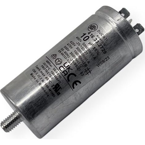 Ducati Energia – Condensateur permanent aluminium 10µF à cosses faston 6.3mm – Ø35x77mm – Compatible sèche-linge Bosch, Siemens, Whirlpool (1/2)