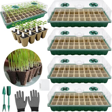 4 Pièces Mini Serre, 144 Cellules Bac à Semis, Pot Biodégradable, Couvercle Ventilation, Jardin Intérieur (1/5)