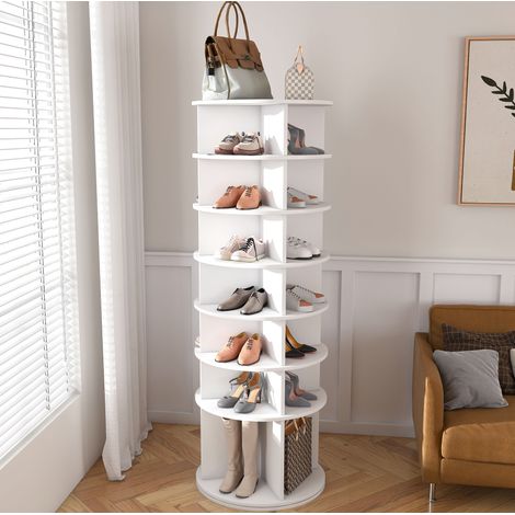 Zapatero giratorio 60x60x184 cm blanco de PVC con 7 niveles y base elevada (1/5)