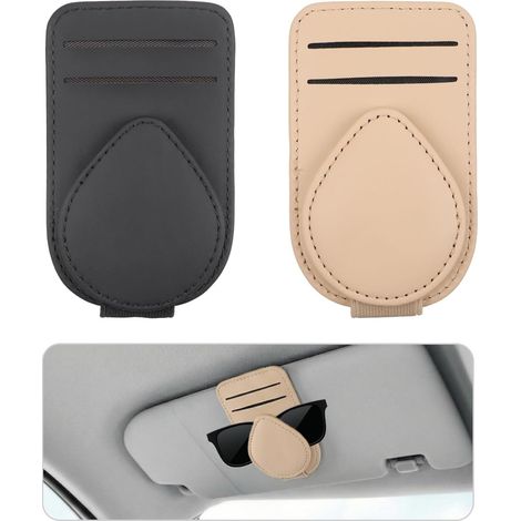 Confezione da 2 porta occhiali per auto, porta occhiali da sole con clip per carte, in pelle, magnetico, per parasole, accessori, clip per occhiali, carte, penne, calcolatrice (1/5)