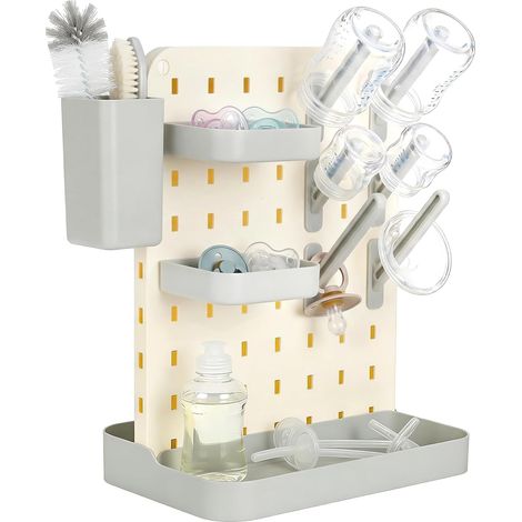 Scolabiberon con scomparto per sapone, scolabiberon verticale per biberon e tettarelle, organizer per accessori e spazzolini, senza BPA, grigio