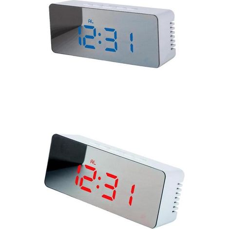 Réveil LED en lot de 2 - Fonction Snooze, affichage de la température en miroir, mode nuit, design rectangulaire, bleu et rouge. (1/5)
