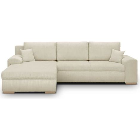Canapé d'angle convertible 5 places – Tissu velours côtelé beige – Coffre de rangement – Structure en pin massif – Dimensions 289 x 94/188 x 88 cm (1/5)