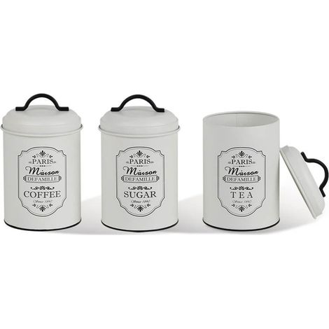Maestro MR-1771-3CS Paris - Set de 3 contenitori de conservazione de metallo per zucchero e caffè, tè, 3 x 11,3 x 18,5 cm, colore bianco e nero.