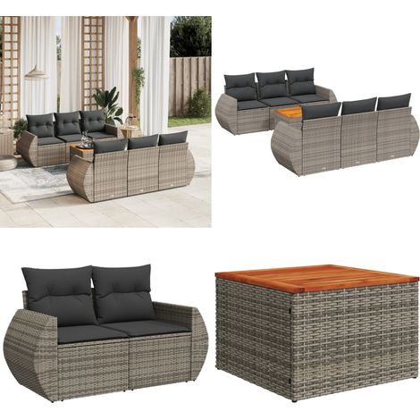 7-tlg. Garten-Sofagarnitur mit Kissen Grau Poly Rattan - Gartensortiment - Gartenmöbelset - Lounge Set - Rattan Möbel - Outdoor Möbel - Home & Living (1/5)