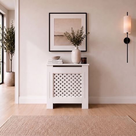 Radiator Cover Small White Traditional Cross Slat MDF Cabinet with Display Shelf 780x815x190mm (1/5)