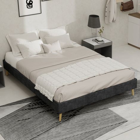 Cadre de lit bas 140x200 cm gris en velours hollandais, sommier à lattes inclus, structure métal et composite, sans tête de lit, sans vérins à gaz ni matelas (1/5)