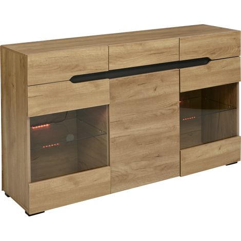 Buffet LED moderne en bois MDF 3 portes 3 tiroirs 140x35x80 cm couleur chêne (1/5)