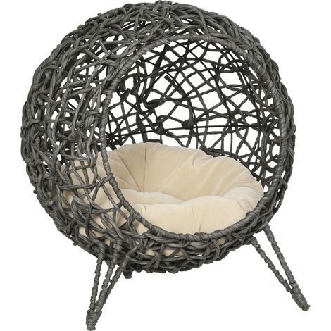 PawHut Rattan Elevated Cat Bed House Kitten Basket Ball Shaped Pet Furniture w/ Removable Cushion - Silver-Tone and Grey