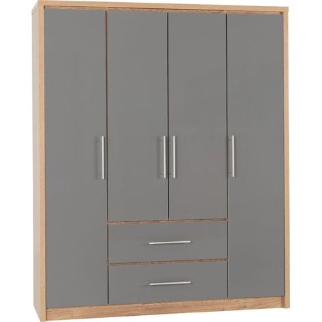 Seville 4 Door 2 Drawer Wardrobe - L47 x W148.5 x H179.5 cm - Grey High Gloss/Light Oak Effect Veneer