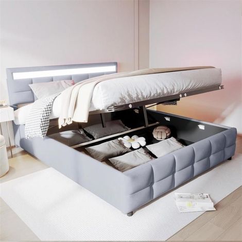 Lit rembourré - GUTENT - 180x200 cm - Éclairage LED - Sommier à lattes - Gris (1/5)