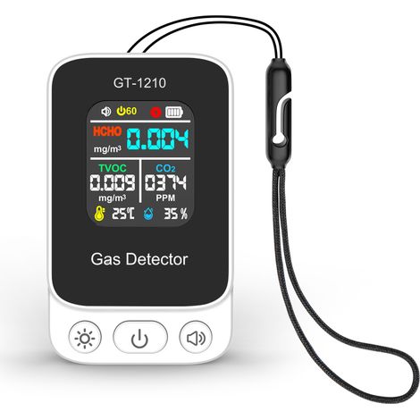 Monitor de calidad del aire 5 en 1, mide CO2, HCHO, VOC, temperatura y humedad, medidor de interiores recargable por USB-C, indicador de alerta de color (blanco). (1/5)