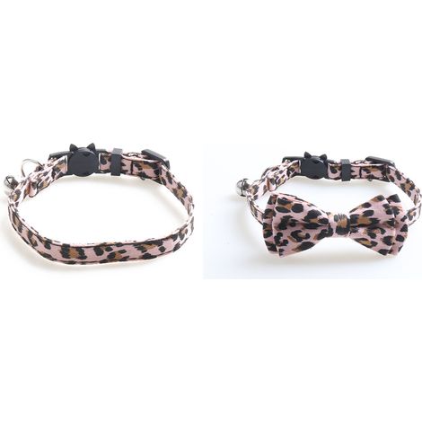 Colliers pour chats avec clochettes et nœuds papillon. Collier ajustable pour chat, imprimé léopard rose + ruban lumineux rose. (1/4)