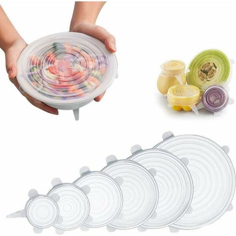 Couvercles extensibles en silicone, couvercles de joint réutilisables durables et extensibles de 6 tailles, récipient extensible écologique gardant les aliments(Clair-6PCS) (1/5)