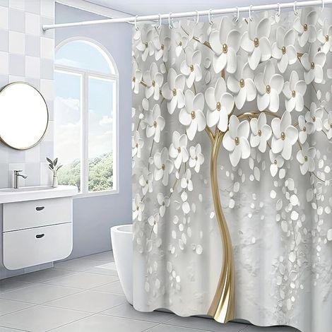 Waterproof shower curtain – 180×180 cm – 3D floral design – hooks included – machine washable at 30°C – easy to clean and maintain (1/5)