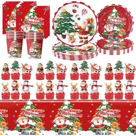 75 Pièces Vaisselle de Noel, Decoration de fête Set, Assiettes en Carton, Père rouge Elk Assiette en papier, pour Décorations de fêtes (10 Invités) (1/5)