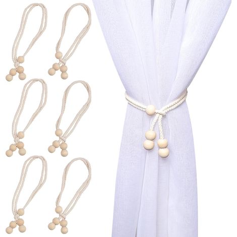 Minimalistes Lot De 6 Embrasse pour Rideaux,Corde De Coton avec Perles en Bois Naturel Embrasse Rideau, Ajustables Beige Decoration Boheme Attache Rideaux pour Bureau à Domicile DéCoration (1/5)