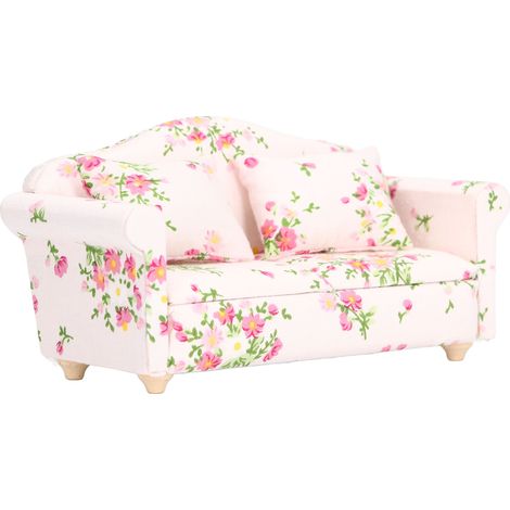 Canapé miniature à l'échelle 1/12, motif floral rose et vert, en bois de bouleau, canapé double pour maison de poupée, cadeau d'anniversaire, jeu à faire soi-même (1/5)