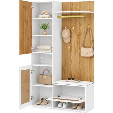 Meuble d'entrée 3 portes avec miroir, banc, 6 crochets dorés, rangements ouverts et LED 16 couleurs, style bois blanc et effet résine tressée pour hall CHICFURN (1/5)
