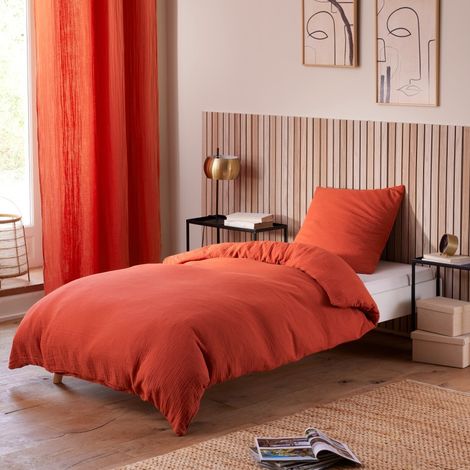 Pack Housse de couette 140 x 200 cm Gaze de coton + drap housse 90x190 Orange (1/4)