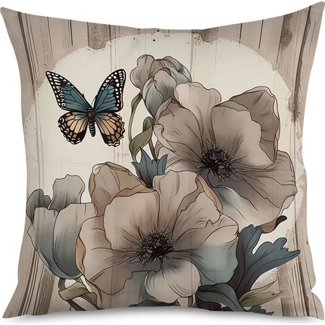 Housse de coussin imprimé bois blanc et fleurs champêtres (1/5)