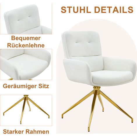 Ensemble table et chaises de salle à manger : table ronde en verre trempé de 85 cm de diamètre, design chic avec piètement métallique, assortie à 4 chaises pivotantes PU blanc et or à rotation 360°. (1/5)
