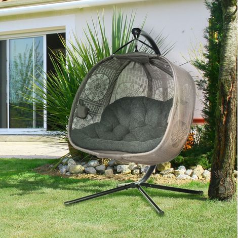 Sillón colgante 2 plazas 132x126x172 cm de acero color arena plegable para balcón – MEUBLIV (1/5)