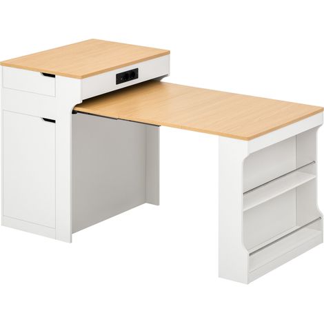 Isola cucina estensibile con ruote, piano estraibile, 2 cassetti e prese, bianca (1/5)