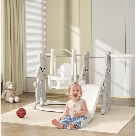 Toboggan enfant 4-en-1 avec balançoire, structure à grimper et panier de basket, gris DESVIAE (1/5)
