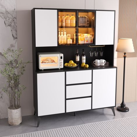 Buffet haut de gamme, armoire de rangement avec porte vitrée, meuble de salon ou salle à manger, 3 tiroirs, porte-verres doré, éclairage LED réglable par application, finition noir et blanc, armoire d (1/5)