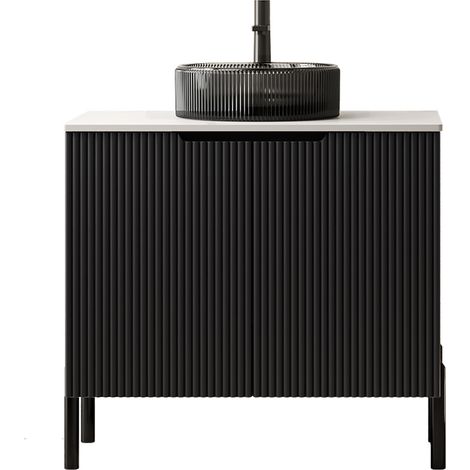 Meuble de salle de bain autoportant 76 cm lavabo verre rond noir. Plan Carrare blanc fritté,double porte contreplaqué couleur noire.