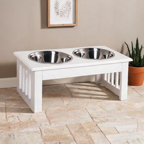 Gamelle pour chien blanc en bois 44 x 24 x 15 cm (1/5)