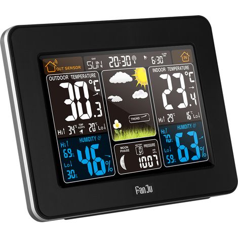 Station météo sans Fil Horloge de météo colorée numérique avec capteur extérieur Thermomètre extérieur intérieur avec Date Température Humidité Baromètre Alarme Phase de la Lune Horloge météo