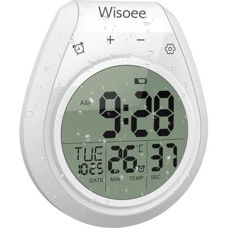 Horloge numérique étanche pour Salle de Bain, Cuisine, Grand écran LCD, Format 12/24 Heures, température intérieure, Compte à rebours, Trou de Suspension à Ventouse (1/5)