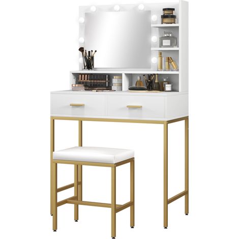 Mobile Toeletta con Specchio 2 Cassetti 5 Ripiani e Sgabello 80x40x138 cm in MDF e Truciolato Bianco (1/5)