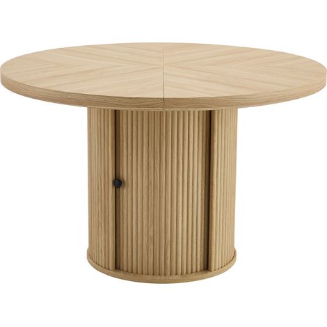Mesa de comedor redonda 115 cm efecto madera con espacio de almacenaje, base central, 4-6 personas (1/5)