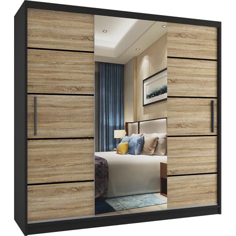BELINI Grande Armoire 3 Portes Coulissantes VERONA MT 200 cm - Miroir Intégré & 4 Tiroirs - Chambre Adulte - Noir / Chêne Sonoma (1/5)