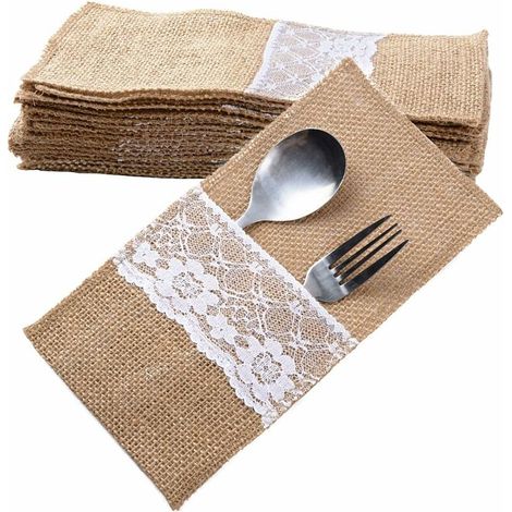 20pcs Burlap Bag Lace Covered Pouch Cutlery Holder Fork Jute Vintage Christmas Party Wedding Table Decoration (Dimension: 11 x 21cm) (1/5)