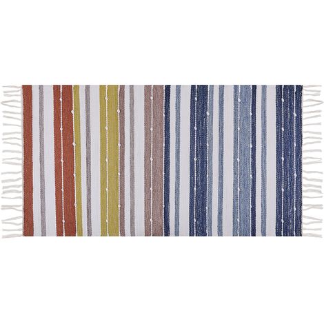 Alfombra azul blanco amarillo rojo 80 x 150 cm a mano a rayas borlas Tozakli
