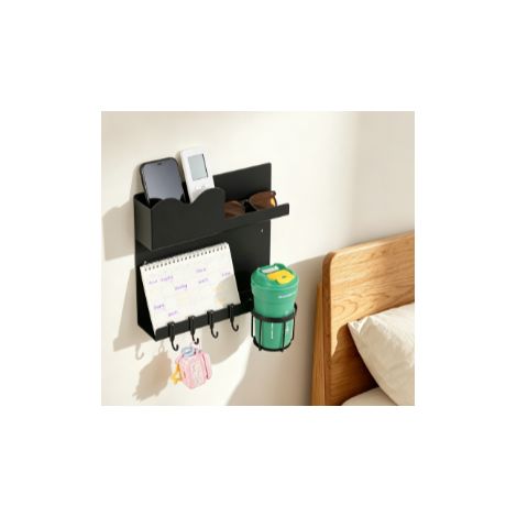 Étagère de rangement murale de chevet noire en fer forgé avec crochets rangement polyvalent pour télécommande tasse accessoire pour chambre dortoir maison (1/5)