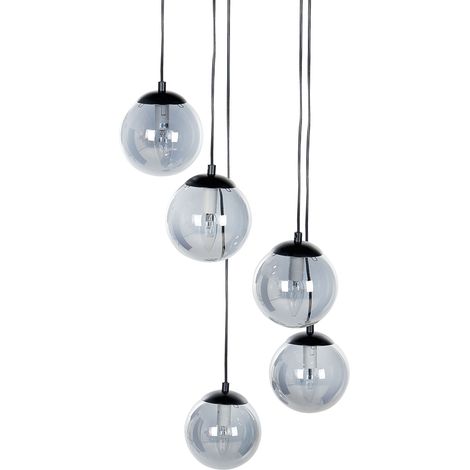 Lámpara colgante pantalla redonda vidrio ahumado 5 luces metal base transparente acero negro Noel