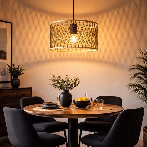 Pendelleuchte Esstischlampe Hängelampe Boho Wohnzimmerlampe schwarz Bambus, Metall, naturfarben, 1x E27, DxH 35x150 cm