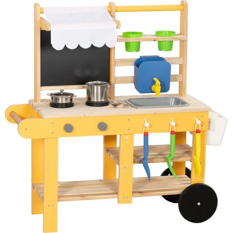 Cuisine d'extérieur en bois avec roulettes, eau, pots de fleurs, tableau noir et 15 accessoires, 84,2 x 34,4 x 90 cm, jaune (1/5)
